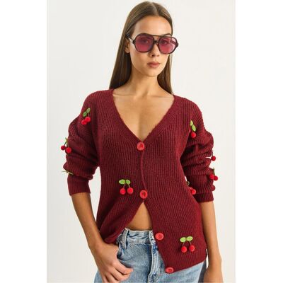 Bianco Lucci V-Ausschnitt Cardigan mit Obststickerei Burgund S/M Bianco Lucci V-Ausschnitt Cardigan mit Obststickerei Burgund S/M