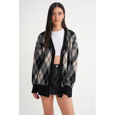 Mixray Übergrößen Argyle V-Ausschnitt Knopfpullover Schwarz S/M Mixray Übergrößen Argyle V-Ausschnitt Knopfpullover Schwarz S/M