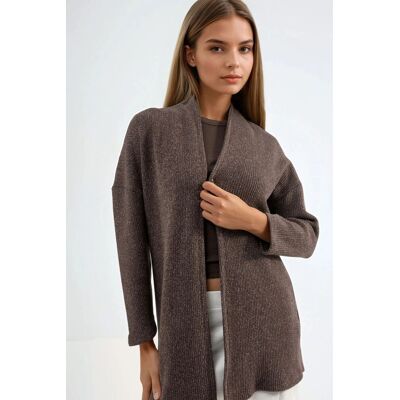 Busem Langer gerippter Strickcardigan mit offenem Kragen Mokka S Busem Langer gerippter Strickcardigan mit offenem Kragen Mokka S