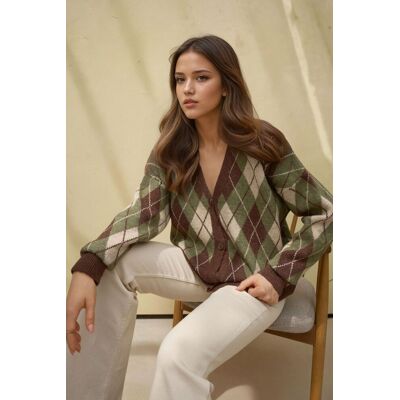 Hiccup Langer V-Ausschnitt Geometrischer Strick-Cardigan mit Knöpfen Khaki S/M Hiccup Langer V-Ausschnitt Geometrischer Strick-Cardigan mit Knöpfen Khaki S/M