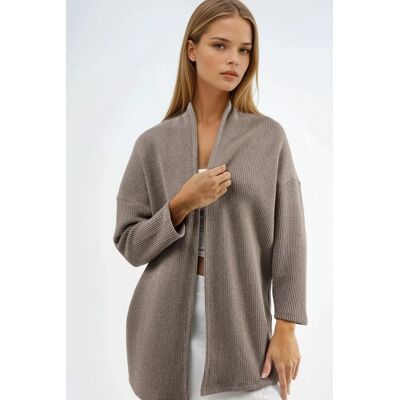Busem Langer gerippter Strickcardigan mit offenem Kragen Bräunen L Busem Langer gerippter Strickcardigan mit offenem Kragen Bräunen L