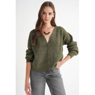 Mixray Strukturierter V-Ausschnitt Knopfcardigan Khaki S/M Mixray Strukturierter V-Ausschnitt Knopfcardigan Khaki S/M