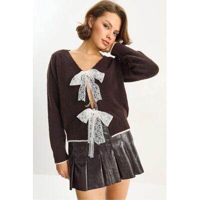 Bianco Lucci Strick V-Ausschnitt Cardigan mit Spitzenbindeverschluss Mokka S/M Bianco Lucci Strick V-Ausschnitt Cardigan mit Spitzenbindeverschluss Mokka S/M