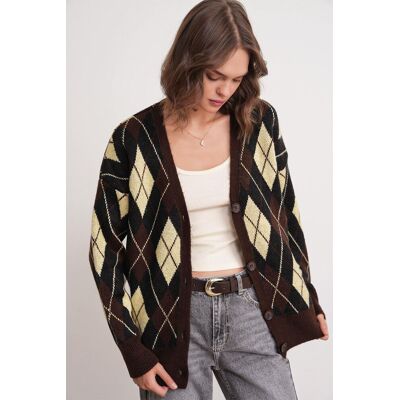 Mixray Oversize Argyle V-Ausschnitt Knopf-Cardigan Braun S/M Mixray Oversize Argyle V-Ausschnitt Knopf-Cardigan Braun S/M