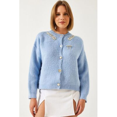Bianco Lucci Verzierter Rundhals-Langarm-Cardigan Hellblau S/M Bianco Lucci Verzierter Rundhals-Langarm-Cardigan Hellblau S/M