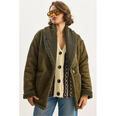 Bianco Lucci Faux-Fur-Beschichteter Knopfmantel Khaki M Bianco Lucci Faux-Fur-Beschichteter Knopfmantel Khaki M