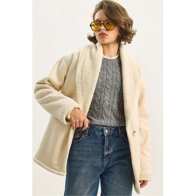 Bianco Lucci Faux-Fur-besetzter Knopfmantel Creme L Bianco Lucci Faux-Fur-besetzter Knopfmantel Creme L