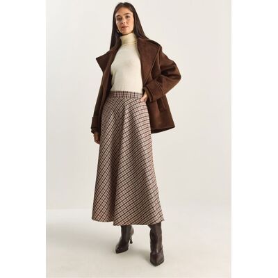 Bianco Lucci Kariertes Hochgeschnittenes Maxikleid Braun L Bianco Lucci Kariertes Hochgeschnittenes Maxikleid Braun L