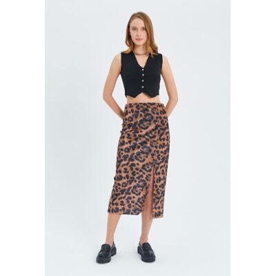 Mixray Leopardenmuster Hohe Taille Midi Rock mit Schlitz Braun M Mixray Leopardenmuster Hohe Taille Midi Rock mit Schlitz Braun M
