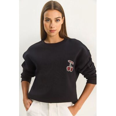 Bianco Lucci Bestickter Rundhalsausschnitt Sweatshirt Schwarz M Bianco Lucci Bestickter Rundhalsausschnitt Sweatshirt Schwarz M