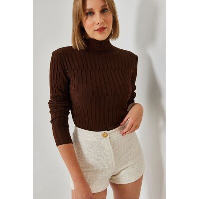 Bianco Lucci Taillierter gerippter Rollkragenpullover Dunkelbraun S/M Bianco Lucci Taillierter gerippter Rollkragenpullover Dunkelbraun S/M