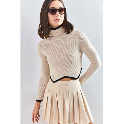 Bianco Lucci Musterierter Rollkragen-Crop-Pullover Beige S/M Bianco Lucci Musterierter Rollkragen-Crop-Pullover Beige S/M