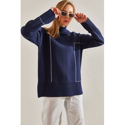 Bianco Lucci Geometrisches Muster Rollkragenstrickpullover Marine S/M Bianco Lucci Geometrisches Muster Rollkragenstrickpullover Marine S/M