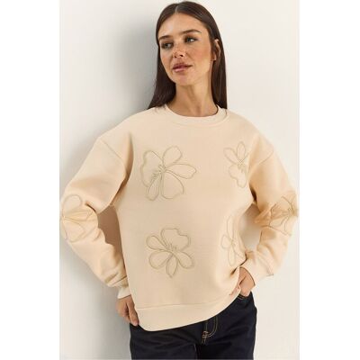 Bianco Lucci Bestickter Rundhals Langarm-Sweatshirt Beige M Bianco Lucci Bestickter Rundhals Langarm-Sweatshirt Beige M