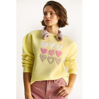 Bianco Lucci Herz-Patch-Applikation Lässiger Schnitt Rundhals Sweatshirt Gelb M Bianco Lucci Herz-Patch-Applikation Lässiger Schnitt Rundhals Sweatshirt Gelb M