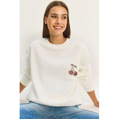 Bianco Lucci Bestickter Rundhalsausschnitt Sweatshirt Weiß M Bianco Lucci Bestickter Rundhalsausschnitt Sweatshirt Weiß M