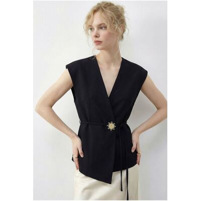 Bianco Lucci Gürtel-Behang-V-Ausschnitt-Crepe-Weste Schwarz M Bianco Lucci Gürtel-Behang-V-Ausschnitt-Crepe-Weste Schwarz M