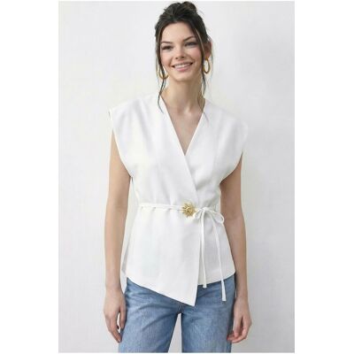 Bianco Lucci Gürtel-V-Ausschnitt Crepe-Weste Weiß M Bianco Lucci Gürtel-V-Ausschnitt Crepe-Weste Weiß M