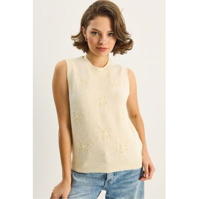 Bianco Lucci Strickpullover-Weste mit Stickerei Creme S/M Bianco Lucci Strickpullover-Weste mit Stickerei Creme S/M