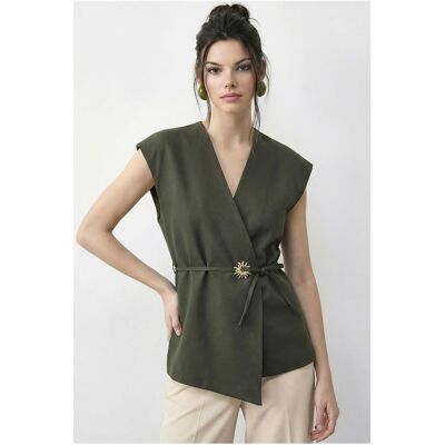 Bianco Lucci Gürtel-W-V-Ausschnitt-Crepe-Westen Khaki S Bianco Lucci Gürtel-W-V-Ausschnitt-Crepe-Westen Khaki S