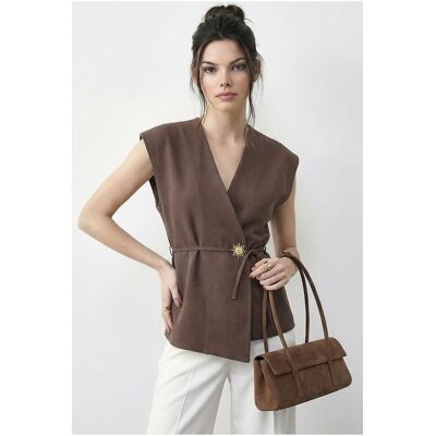 Bianco Lucci Gürtelter V-Ausschnitt Crepe-Weste Beige M Bianco Lucci Gürtelter V-Ausschnitt Crepe-Weste Beige M