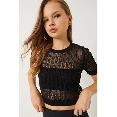 Bianco Lucci Spitzenmuster Cropped Top mit Rundhalsausschnitt Schwarz S/M Bianco Lucci Spitzenmuster Cropped Top mit Rundhalsausschnitt Schwarz S/M