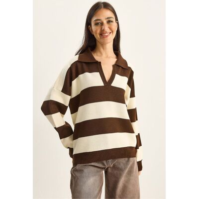 Bianco Lucci Gestreifter V-Ausschnitt Langarm-Pullover Braun S/M Bianco Lucci Gestreifter V-Ausschnitt Langarm-Pullover Braun S/M