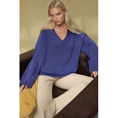 Hiccup Dicker Strick-V-Ausschnitt-Pullover Blau S Hiccup Dicker Strick-V-Ausschnitt-Pullover Blau S