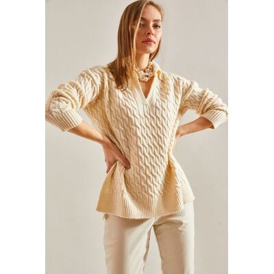 Bianco Lucci Strukturierter V-Ausschnitt Strickpullover Beige S/M Bianco Lucci Strukturierter V-Ausschnitt Strickpullover Beige S/M
