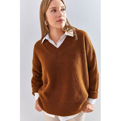 Bianco Lucci V-Ausschnitt Langarmpullover Mokka S/M Bianco Lucci V-Ausschnitt Langarmpullover Mokka S/M