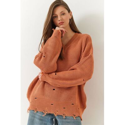 Bianco Lucci Oversized V-Ausschnitt Zerstörter Strickpullover Kastanie S/M Bianco Lucci Oversized V-Ausschnitt Zerstörter Strickpullover Kastanie S/M
