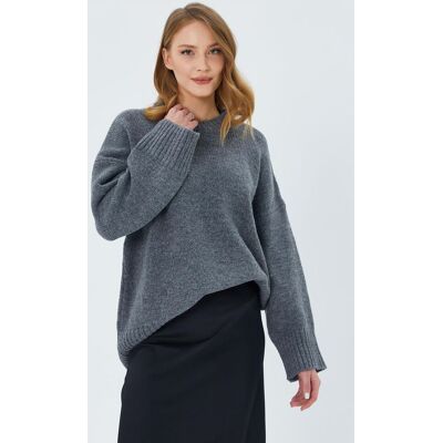 Mixray Übergroßer Strukturstrickpullover mit Rundhalsausschnitt Dunkelgrau S/M Mixray Übergroßer Strukturstrickpullover mit Rundhalsausschnitt Dunkelgrau S/M