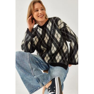 Bianco Lucci Crewneck-Strickpullover mit Schlitz im Baklava-Muster Schwarz S/M Bianco Lucci Crewneck-Strickpullover mit Schlitz im Baklava-Muster Schwarz S/M
