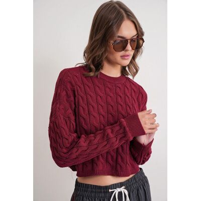 Mixray Kabelstrickmuster Rundhals Pullover Burgund S/M Mixray Kabelstrickmuster Rundhals Pullover Burgund S/M