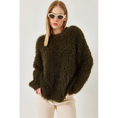 Bianco Lucci Übergroßer strukturierter Strickpullover mit plüschigen Details Khaki S/M Bianco Lucci Übergroßer strukturierter Strickpullover mit plüschigen Details Khaki S/M