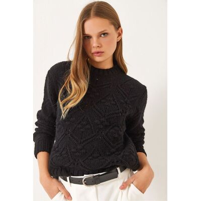 Bianco Lucci Strukturierter Rundhals-Pullover mit Pompon Schwarz S/M Bianco Lucci Strukturierter Rundhals-Pullover mit Pompon Schwarz S/M