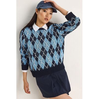 Bianco Lucci Damen Strickpullover mit Rippkragen und Rautenmuster Marine S/M Bianco Lucci Damen Strickpullover mit Rippkragen und Rautenmuster Marine S/M