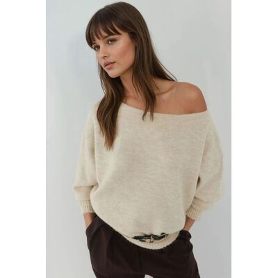 Hiccup Weicher strukturierten Off-Shoulder Strickpullover Creme S Hiccup Weicher strukturierten Off-Shoulder Strickpullover Creme S