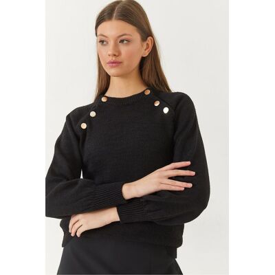 Bianco Lucci Strickpullover mit strukturiertem Muster und Knöpfen, Rundhalsausschnitt Schwarz S/M Bianco Lucci Strickpullover mit strukturiertem Muster und Knöpfen, Rundhalsausschnitt Schwarz S/M