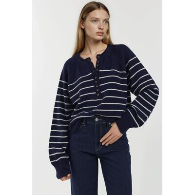 Hiccup Knopf Detaillierter Gestreifter Lockere Passform Pullover Marine M Hiccup Knopf Detaillierter Gestreifter Lockere Passform Pullover Marine M