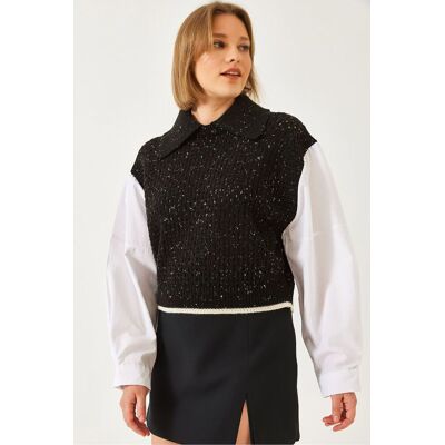 Bianco Lucci Strickpullover mit Struktur und Hemdkragen Schwarz S/M Bianco Lucci Strickpullover mit Struktur und Hemdkragen Schwarz S/M