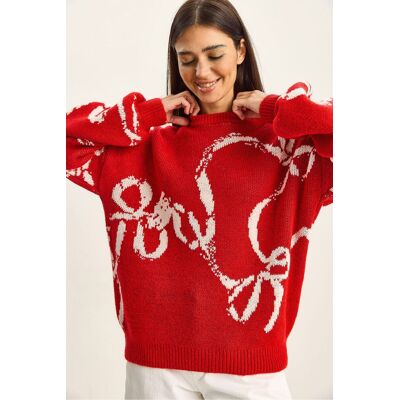 Bianco Lucci Oversized Rundhals Bedruckter Strickpullover Rot S/M Bianco Lucci Oversized Rundhals Bedruckter Strickpullover Rot S/M