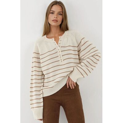 Hiccup Knopf Detaillierter Gestreifter Lockerer Pullover Beige M Hiccup Knopf Detaillierter Gestreifter Lockerer Pullover Beige M