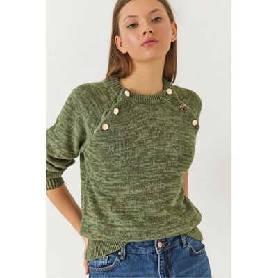 Bianco Lucci Strickpullover mit Rundhalsausschnitt und Knöpfen Khaki S/M Bianco Lucci Strickpullover mit Rundhalsausschnitt und Knöpfen Khaki S/M