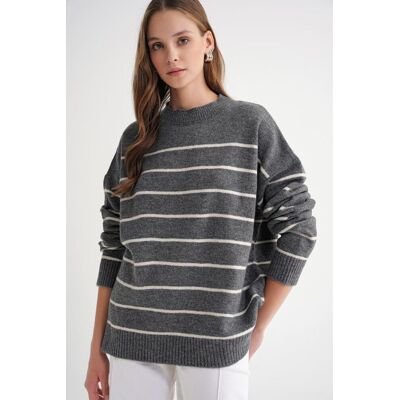 Mixray Gestreifter Rundhals Relaxed Strickpullover Dunkelgrau S/M Mixray Gestreifter Rundhals Relaxed Strickpullover Dunkelgrau S/M