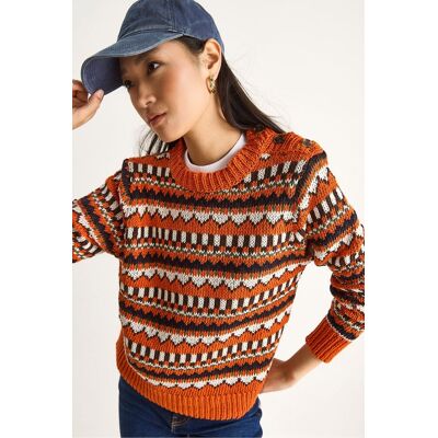 Bianco Lucci Ethnisch gemusterter Strickpullover Orange S/M Bianco Lucci Ethnisch gemusterter Strickpullover Orange S/M