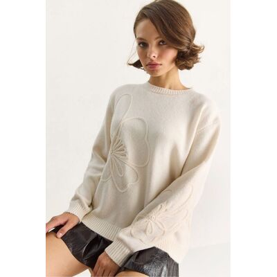 Bianco Lucci Rundhals gestickter Strickpullover Creme S/M Bianco Lucci Rundhals gestickter Strickpullover Creme S/M