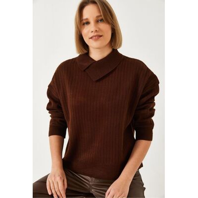 Bianco Lucci Gerippter Schalkragenpullover Dunkelbraun S/M Bianco Lucci Gerippter Schalkragenpullover Dunkelbraun S/M