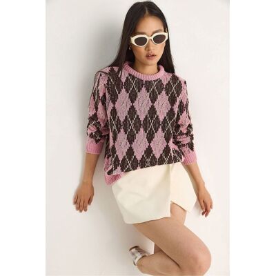 Bianco Lucci Damen Strickpullover mit Rundhalsausschnitt und Diamantmuster Rosa S/M Bianco Lucci Damen Strickpullover mit Rundhalsausschnitt und Diamantmuster Rosa S/M