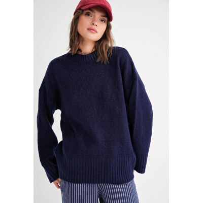 Mixray Übergroßer gerippter Strickpullover mit Rundhalsausschnitt Marine S/M Mixray Übergroßer gerippter Strickpullover mit Rundhalsausschnitt Marine S/M